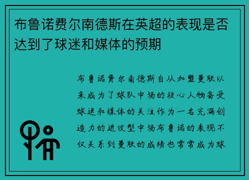布鲁诺费尔南德斯在英超的表现是否达到了球迷和媒体的预期