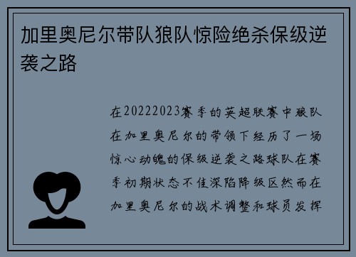 加里奥尼尔带队狼队惊险绝杀保级逆袭之路